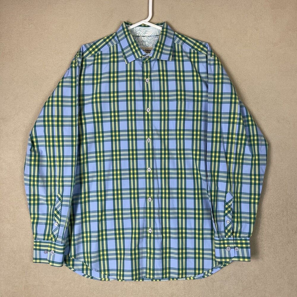 Tommy Bahama Shirt Mens Large Blue Green Yellow Plaid Long Sleeve Preppy Adult